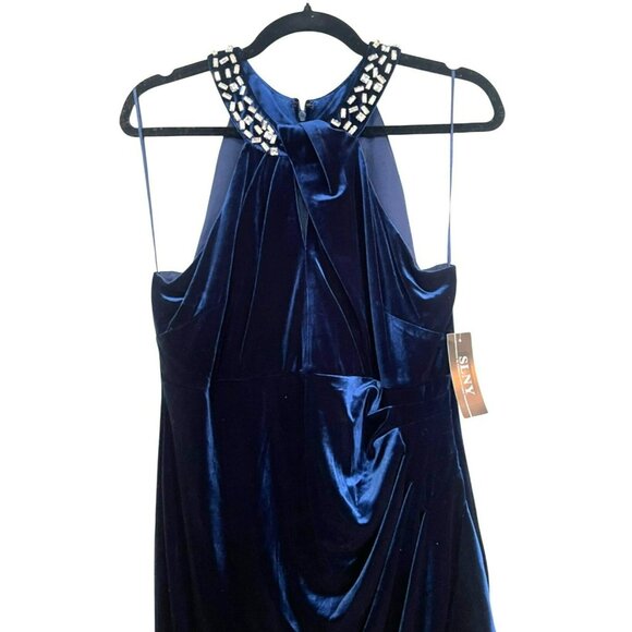 SLNY Womens Imperial Blue Velvet Gown Embellished Halter Sz 12 NWT - Picture 5 of 7